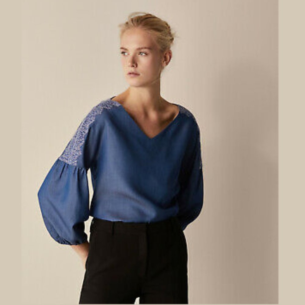 MASSIMO DUTTI Denim Blouse with Lace Finish